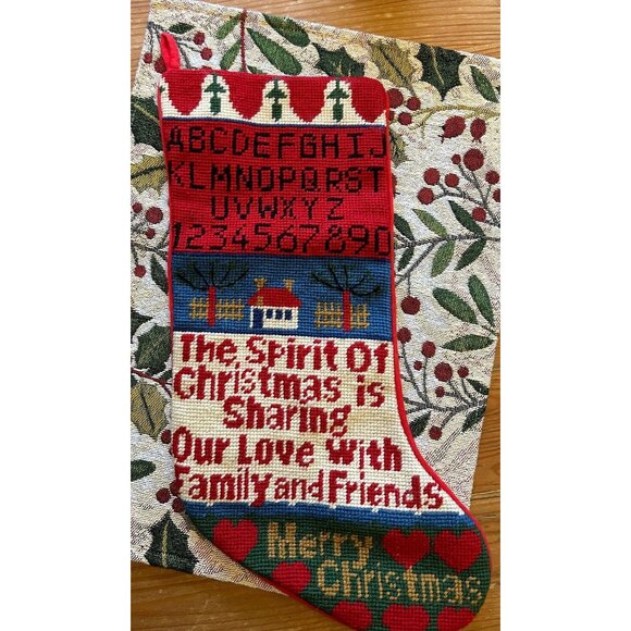 Vintage Embroidered Red Velvet Christmas Stocking Sampler House Hearts Friends - Picture 1 of 2